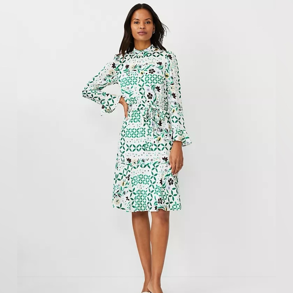 Ann Taylor Petite Floral Maze Tie Waist Flare Dress